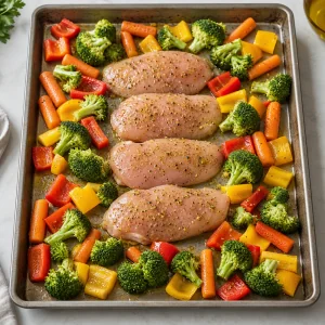 Seasoned chicken is arranged on a sheet pan with bell peppers, broccoli, and carrots.
