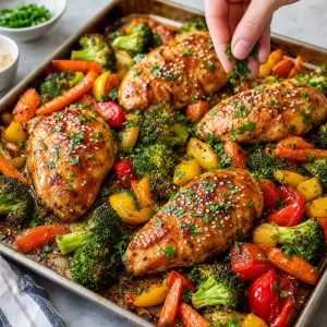 The finished honey garlic chicken is garnished with parsley and sesame seeds before serving.