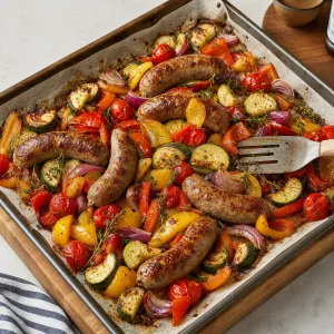 Linguiças e legumes assados até ficarem macios e levemente caramelizados