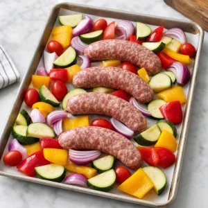 Linguiças italianas dispostas com abobrinha pimentões cebola roxa e tomates-cereja