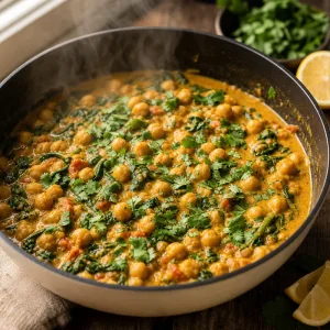 Карри с нутом и шпинатом, завершенное кинзой и лимоном