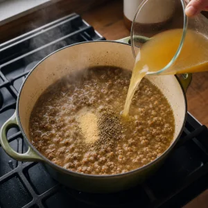 Chicken broth with garlic powder and black pepper simmering with browned sausage