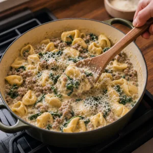 Parmesan stirred into creamy tortellini with sausage and wilted spinach