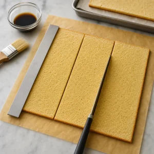 Almond sponge sheet cut into three rectangles with espresso syrup nearby