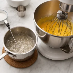 Bubbling sugar syrup beside beaten egg yolks for buttercream
