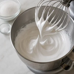 Glossy whipped egg whites holding firm peaks