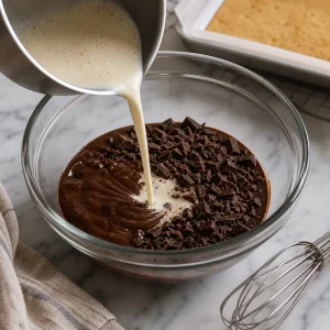Hot cream poured over chopped chocolate for ganache