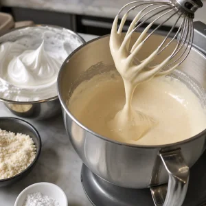Pale egg and sugar mixture falling in ribbons from the whisk