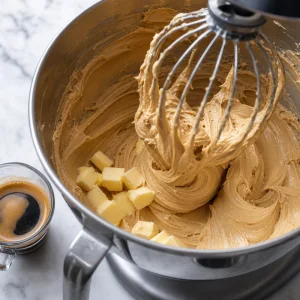 Silky espresso buttercream in a mixer bowl with butter cubes