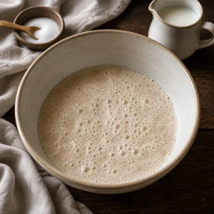 Foamy yeast blooming in warm milk for Osterzopf dough