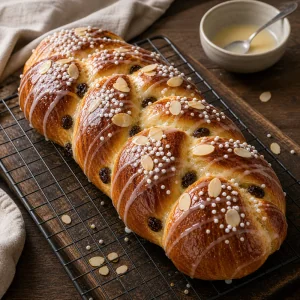 Glazed baked Osterzopf cooling on a wire rack