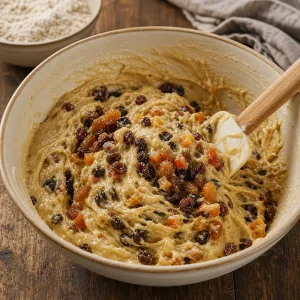 Raisin-studded Osterzopf dough being mixed in a bowl