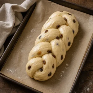 Raw raisin dough braided into an Osterzopf loaf on parchment