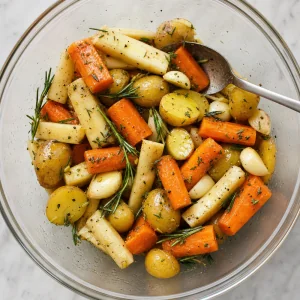 Carrots parsnips and fingerling potatoes tossed with olive oil herbs garlic salt and pepper
