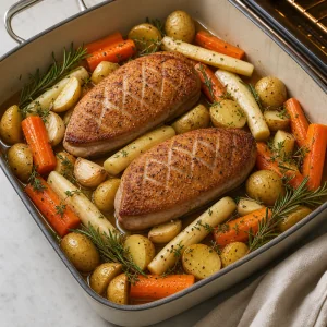 Seared duck breasts arranged skin side up with root vegetables in a roasting pan