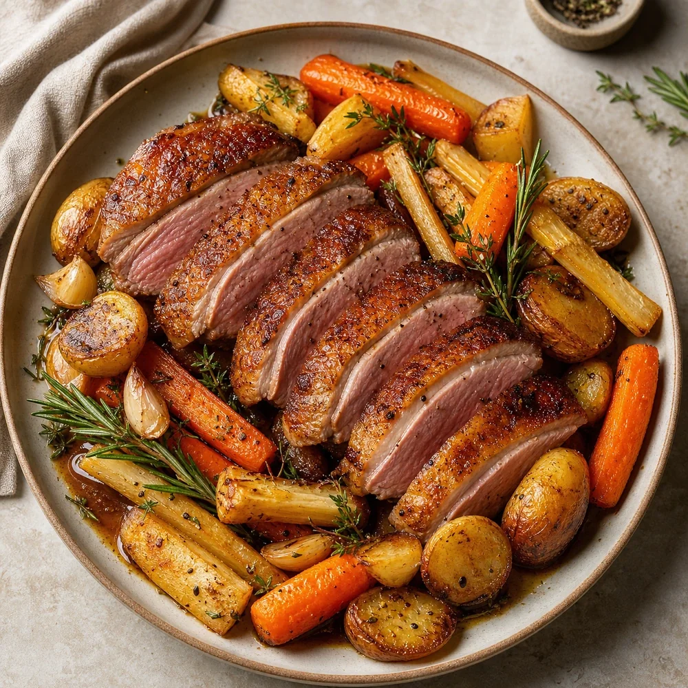Sliced oven roasted duck breast with root vegetables herbs and pan juices