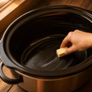 Butter greasing the inside of a slow cooker crock