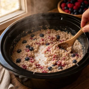 Cooked berry oatmeal being stirred in the slow cooker