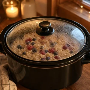 Covered slow cooker with oatmeal and berries cooking inside