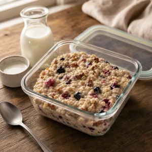 Leftover berry oatmeal packed in a glass storage container