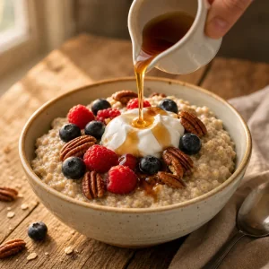 Maple syrup drizzled over oatmeal with berries, pecans, and yogurt