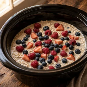 Mixed berries scattered over the oat mixture in a slow cooker
