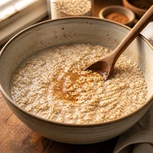Oats and milk being stirred with cinnamon and maple syrup