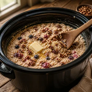 Pecans and melting butter folded into slow cooker oatmeal