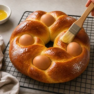 Gebackene Osterbrioche auf einem Gitter mit geschmolzener Butter bestreichen