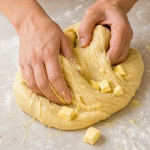 Weiche Butter von Hand in elastischen Briocheteig einkneten