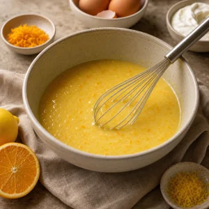 Warme Milch, Eier, Orangenschale und Vanille fuer Briocheteig verquirlen