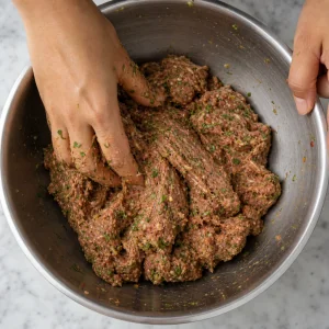 양념한 다진 쇠고기 반죽을 끈기 있게 섞는 모습