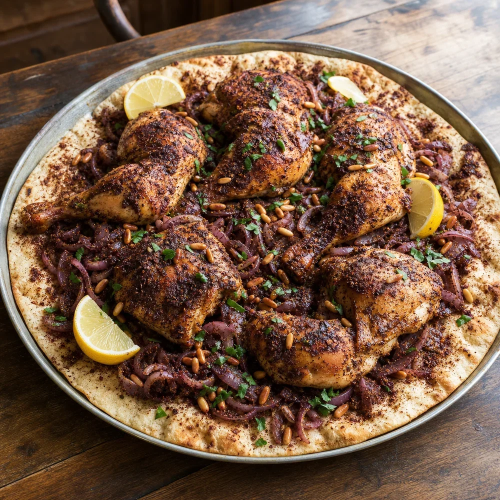 Finished musakhan chicken over sumac onion flatbread with pine nuts and lemon