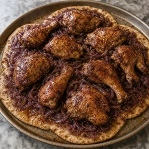 Roasted chicken arranged over sumac onion flatbread
