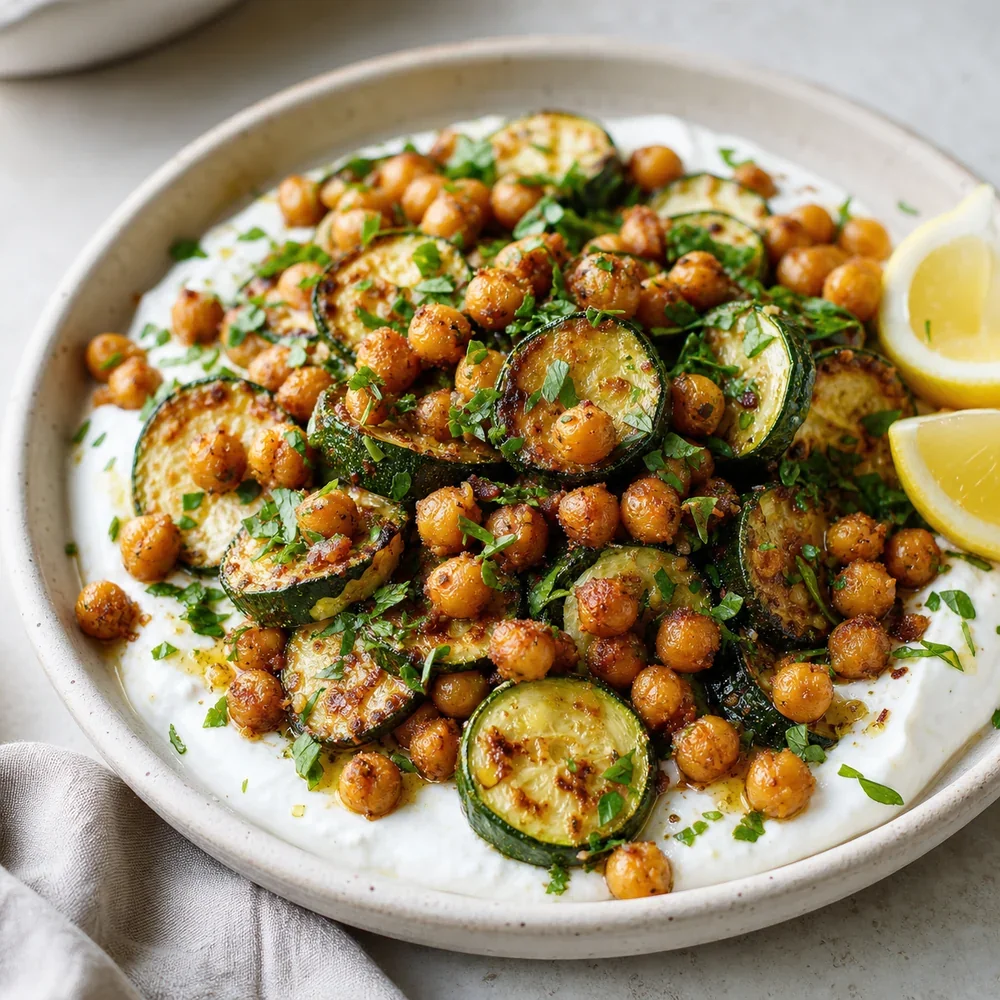 Piatto finito di ceci e zucchine su yogurt all’aglio