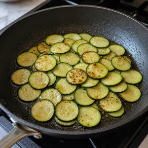 Fettine sottili di zucchine che rosolano in padella