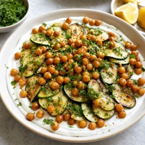 Zucchine, ceci ed erbe su yogurt all’aglio