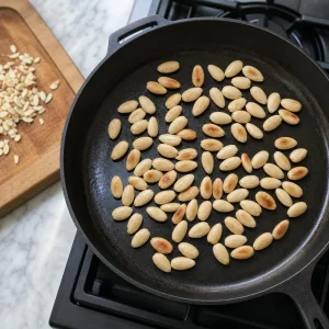 Blanched almonds toasting in a dry skillet