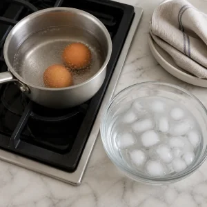 Eggs simmering in a saucepan beside a bowl of ice water