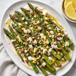 Finished asparagus topped with chopped egg, almonds, and yogurt dressing
