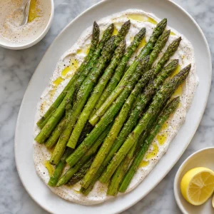Pan-roasted asparagus arranged over yogurt dressing with olive oil