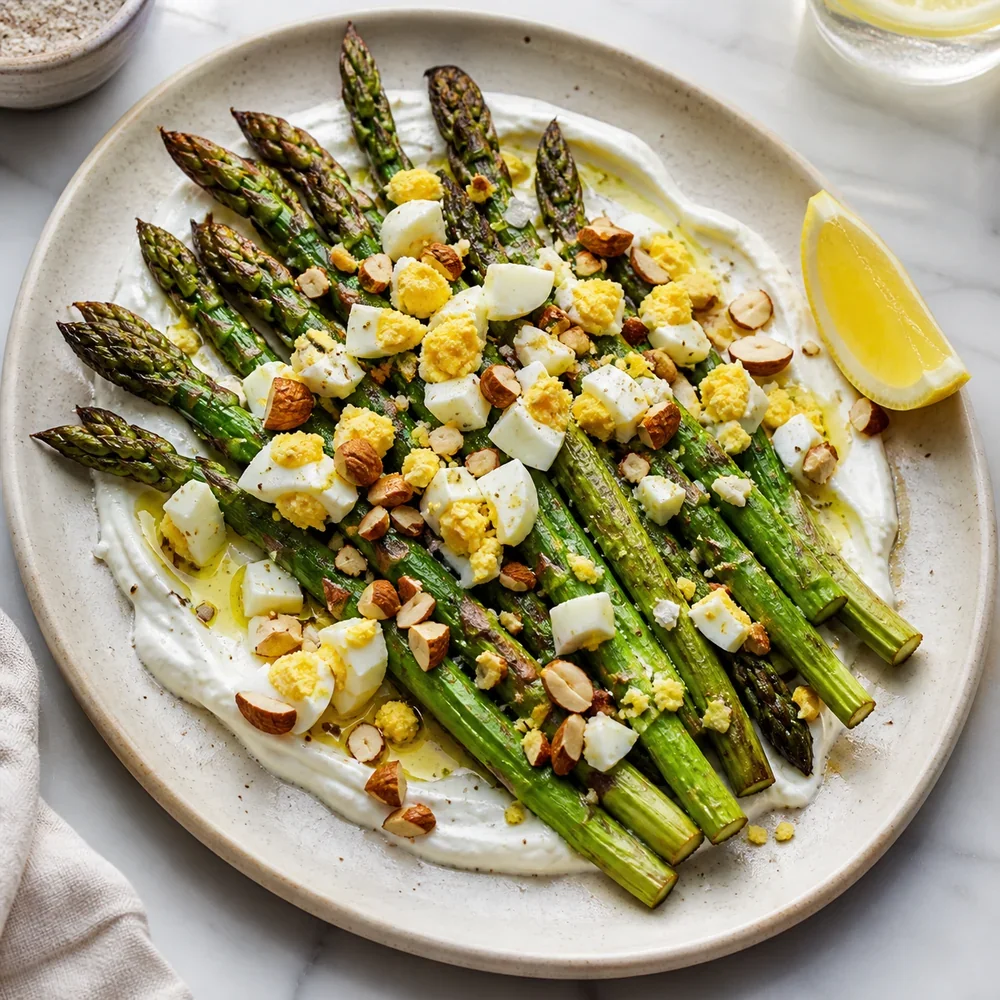 Pan-roasted asparagus on smoky yogurt with chopped egg and almonds