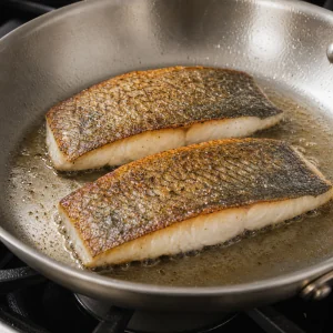 Barramundi fillets cooking undisturbed skin-side down until the skin turns golden and crisp.