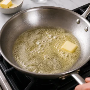 Butter melting and foaming in the skillet after the fish has been removed.
