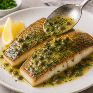 Lemon butter caper sauce spooned over crispy pan-seared barramundi fillets.