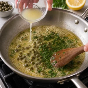 Lemon juice, capers, and parsley stirred into foaming butter sauce in the skillet.