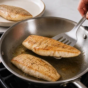 Pan-seared barramundi fillets being flipped to finish cooking until opaque and flaky.