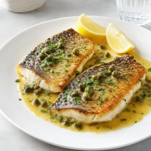 Pan-seared barramundi fillets with lemon butter caper sauce and parsley on a white plate.