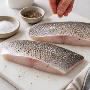 Raw barramundi fillets seasoned with kosher salt and freshly ground black pepper.