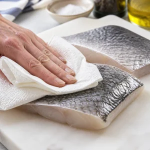 Skin-on barramundi fillets being patted dry with paper towels on a cutting board.
